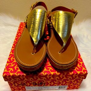 Tory Burch gold wedge sandals size 10